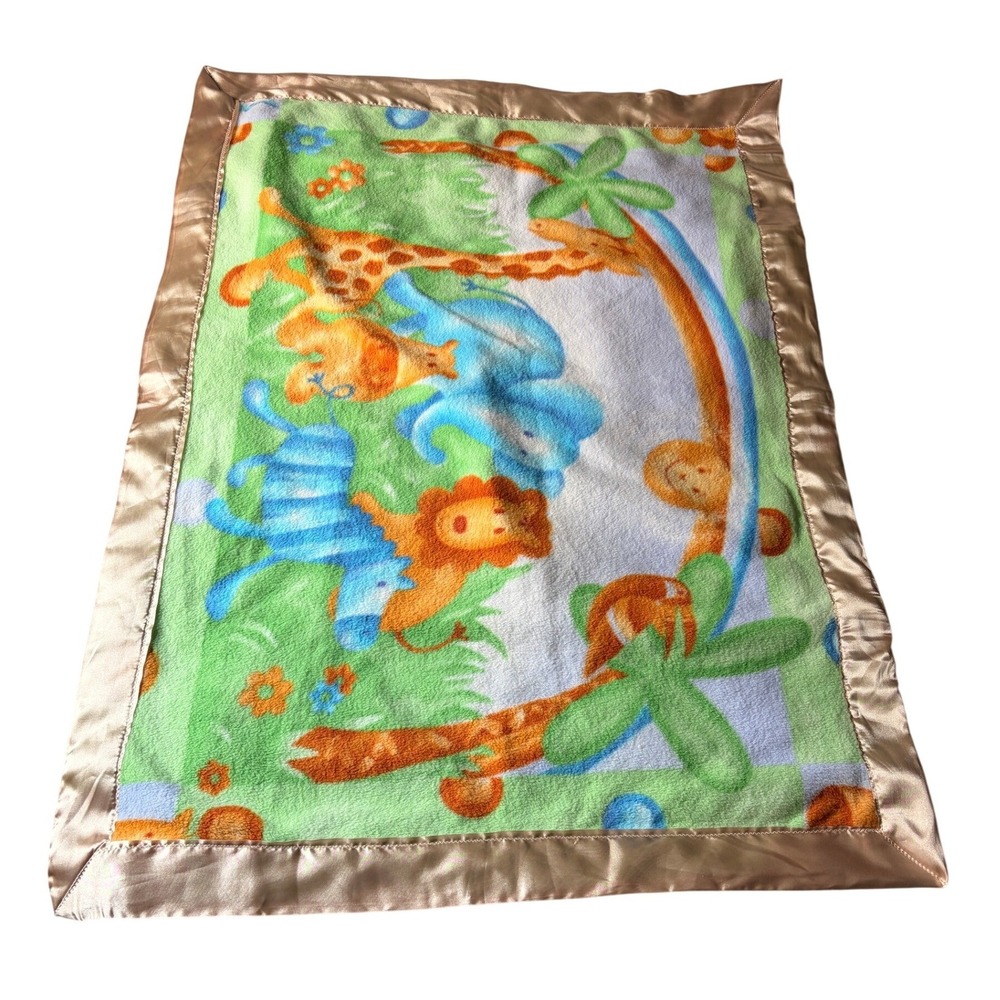 Jungle Safari Animal Baby Blanket Soft Fleece Champagne Satin Trim Green 48"x36"